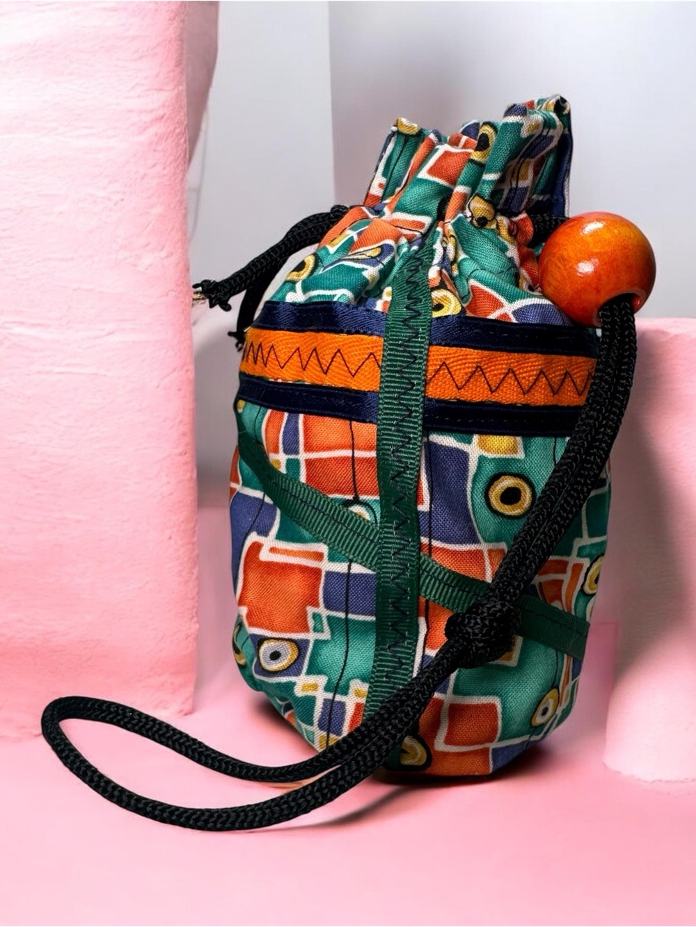 Colorblock Drawstring Pouch Bag - Green & Orange